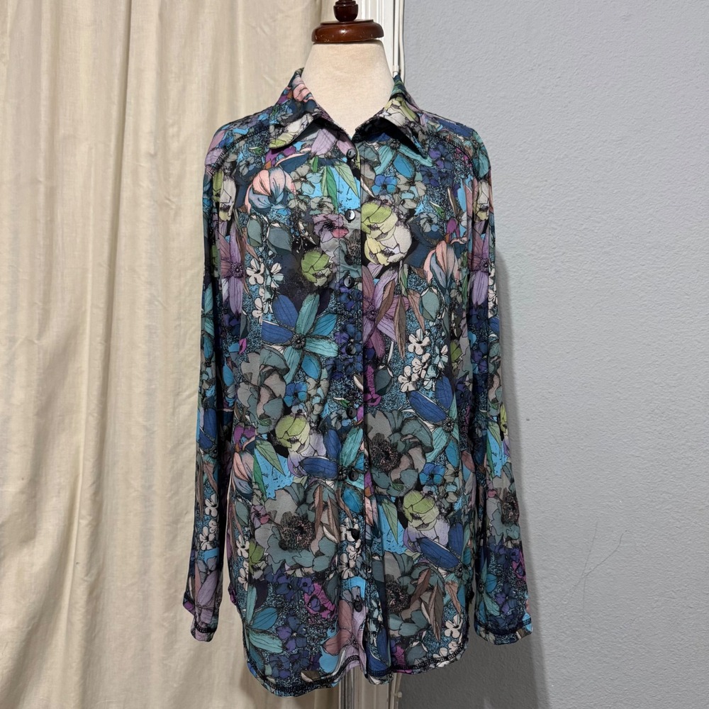 Snoskins Womens XXL Floral Button Up Shirt Long Sleeve Blue Purple Mesh Made USA